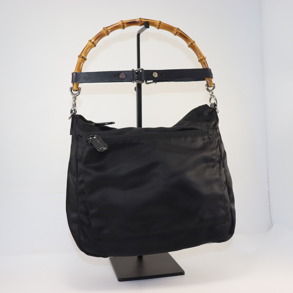 Gucci Bamboo Handle Bag Womens Medium Black Nylon‎ Vintage Designer Purse